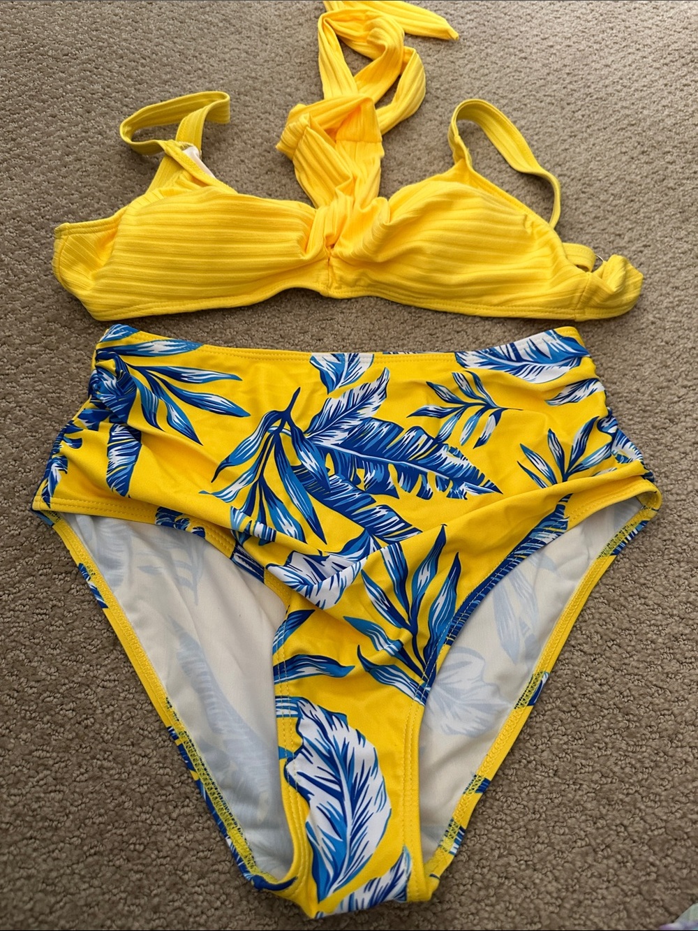 Cupshe Yellow Ribbed Twist Bikini Top & Yellow Blue Tropical High-Waist Bottoms